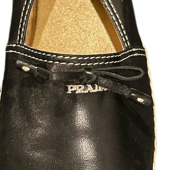 PRADA CALZATURE NAPPA BLACK ROUND TOE CAP LEATHER ESPADRILLES BOW 37 - Picture 3 of 12